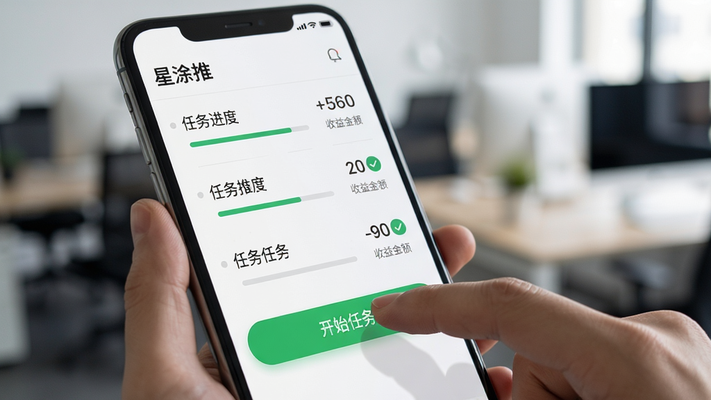 �ֻ���Ļ��ʾ��;��Ӧ�����н��棬�û���ָ���ڵ������ʼ���񡱰�ť����Ļ���������������б�����������ʾ������Ϊ�ֻ���д����������Ļ����Ϊ�����Ű����������дʵ��ϸ�ڰ����������������ɫ�Թ�ͼ�꣬���ʸ��壬����Ϊ�黯�칫�������޶���Ԫ��