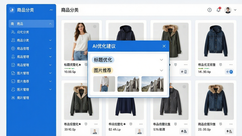 ���壺���̺�̨��Ʒ�������棬��ʾ��Ʒ�б���AI�Ż����鵯�������֣��������Ʒ���������Ҳ�Ϊ��Ʒ��Ƭ���м�����һ��AI������Ű棺��η�������ƷͼƬ���������ֱ�ǩ�׶�����������࣬������ɫ������ɾ���ϸ�ڣ�AI��������ݰ����������Ż�����ͼƬ�Ƽ�������������ƷͼƬΪ��װ�ࡣ���ʣ��������ȣ�����ɾ��޶���Ԫ�ء�