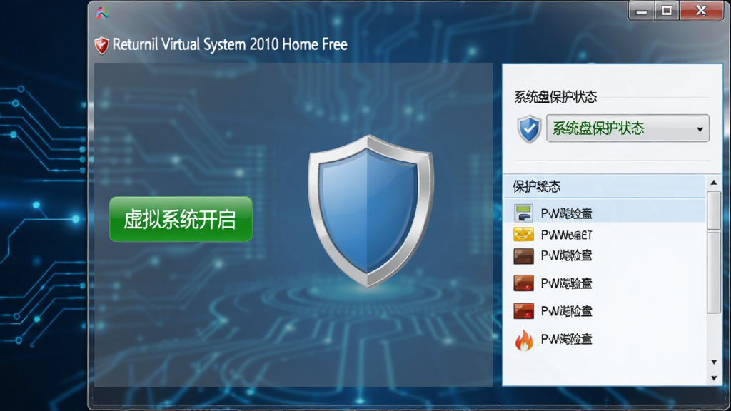 ��������չʾ��Returnil Virtual System 2010 Home Free�����������棬����Ϊ����ɫ�Ƽ������������洰�ڰ�͸��������С�����ϵͳ��������ɫ��ť���Ҳ���ʾϵͳ�̱���״̬�����岼�ּ�࣬���ƫ����ȫ������ϸ�ڰ�������ͼ��ͷ���ǽ�б������������ɾ����޶���Ԫ��