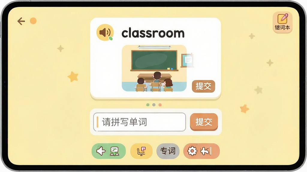 ���壺aaa���Ե��ѧϰ����������д���棬��ʾ���ʡ�classroom��������ͼƬ���·��������͡��ύ����ť�����֣��Ϸ����ʿ�Ƭ���м���д���������ײ����ܰ�ť���Ű棺��Ƭʽ��ƣ��������С���񣺿ɰ���Լ�磬��������ɫ��ϸ�ڣ����ʿ�Ƭ�з���ͼ�꣬���������ʾ���֡���ƴд���ʡ������ʱ�ͼ�������Ͻǡ����ʣ��������ɾ����޶���Ԫ�ء�