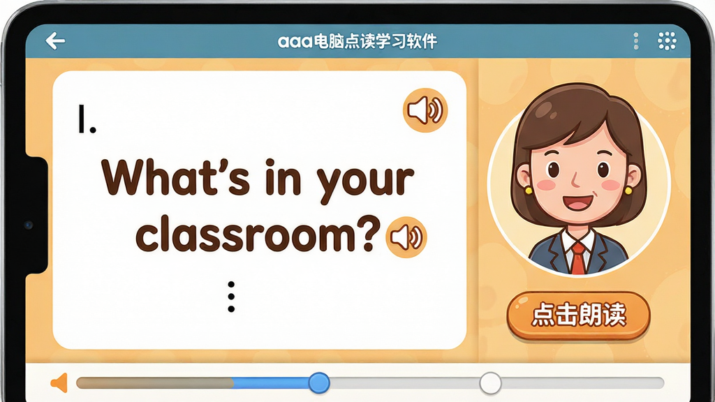 ���壺aaa���Ե��ѧϰ����������д����ʾһ�����ӡ�What's in your classroom?��������С����ͼ�꣬�Ա������ͷ�񡣲��֣����ҽṹ�����Ϊ�����ı����Ҳ�Ϊ��̿�ͨ�����Ű棺�ı����У�����Բ�󡣷�񣺿�ͨ�������ɫ����ܰ��ϸ�ڣ����ͷ���·��С�����ʶ�����ť������ײ��н����������ʣ��������ȣ��ɾ����޶���Ԫ�ء�