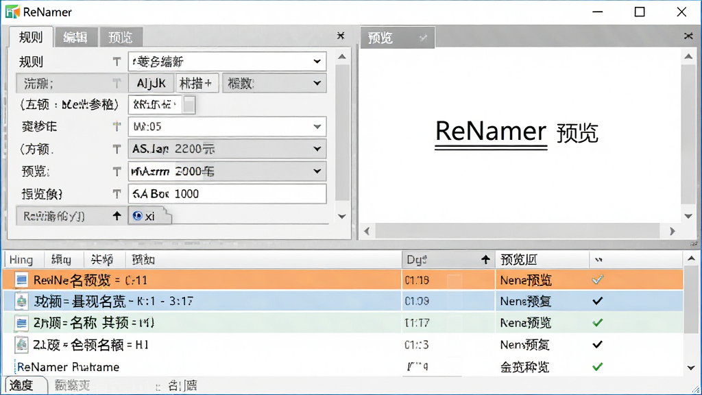 ���壺ReNamer���������ʵʱԤ��������д�����֣��Ϸ��ǹ���༭�����·����ļ��б����ļ����������޸ĵĲ����Ը�����ɫ��ʾ���Ű棺���ҷ��������Ϊ����������Ҳ�ΪԤ��Ч������񣺽�ͼ�����ʵ��������չʾ��ϸ�ڣ�Ԥ���ļ��������»��߱�ע���������������ɼ����������ְ�����ReNamer���͡�Ԥ���������ʣ��߷ֱ��ʣ��ɾ����޶���Ԫ�ء�