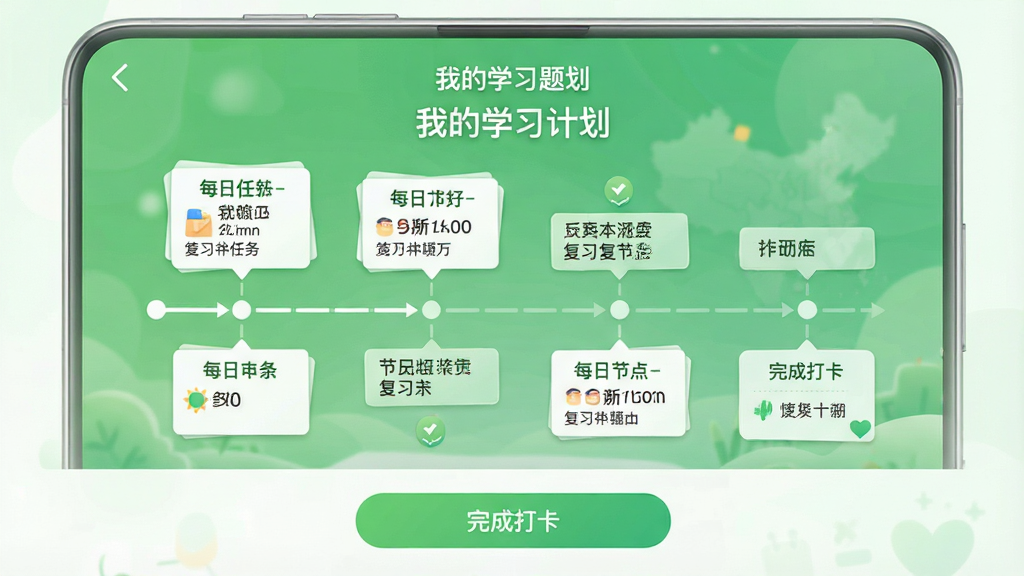 һ�š�����������⡱appѧϰ�ƻ������ͼ��������ʾ���ҵ�ѧϰ�ƻ�����������ʱ������ʽչʾÿ�������븴ϰ�ڵ㣬�ײ��С���ɴ򿨡���ť������Ϊ������ɫϵ��UI���࣬���ʸ��壬�޶���Ԫ��