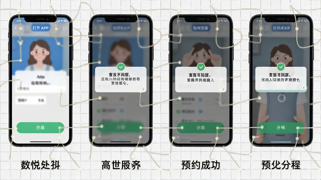 һ��ָ�õ���APPʹ�ý̷ֲ̳�ͼ������Ϊ�ֻ���Ļ��ͼ���У����ĸ��棬չʾ�Ӵ�APP��ԤԼ�ɹ��Ĺ��̣�ÿ���·���������˵��������Ϊ�������У�����Ϊǳ�����񣬷��Ϊ�̳̲廭�磬ϸ��ͻ����ťλ������ʾ�򣬻��ʸɾ����޶���Ԫ�ء�