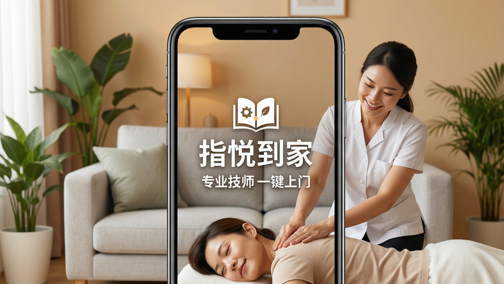 һ��չʾָ�õ���APP��������ĸ�������ͼ����������Ϊ��ָ�õ��ҡ�Ʒ��Logo�����רҵ��ʦ һ�����š�������������ܰ��ůɫ���Ҿӻ�����ǳ��ɫɳ������ֲ��׺��һλ���΢Ц�İ�Ħʦ����Ϊ�˿����羱���ɣ��������ֻ�����Ϊ���ģ��������׸ɾ����Ű���������ִ���ƽ�����ϸ������������ϸ�壬�޶���Ԫ�ء�