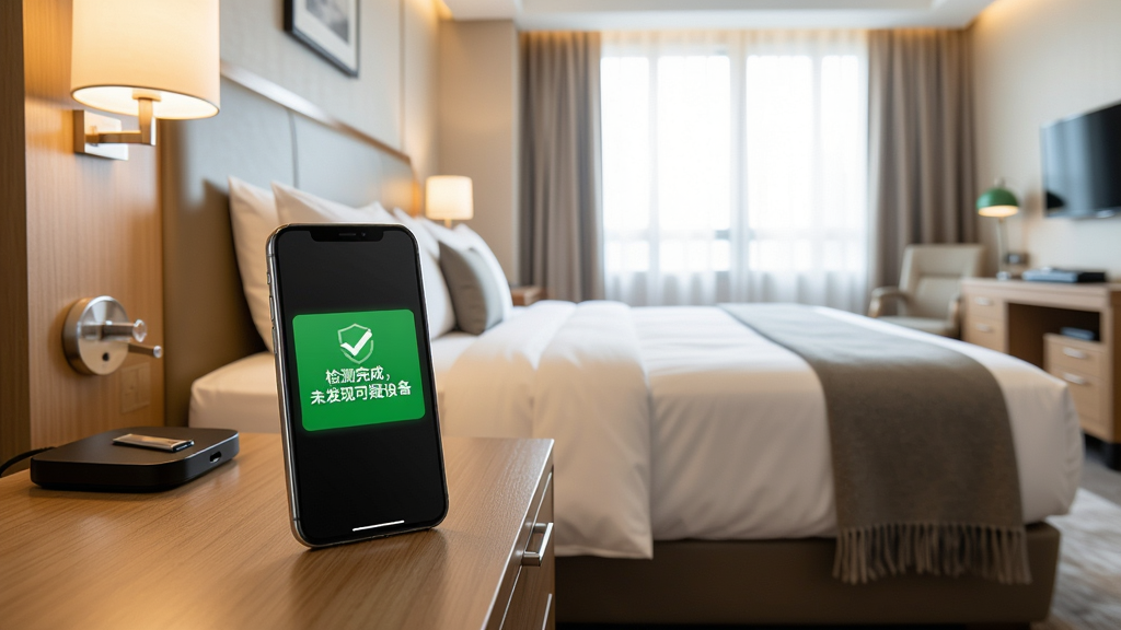 一张展示针孔摄像头检测助手在酒店房间中使用的实景图,手机放在床头柜上,屏幕显示“检测完成,未发现可疑设备”的绿色安全提示,背景是整洁的酒店房间,光线明亮,画质高清,突出安全放心的氛围。