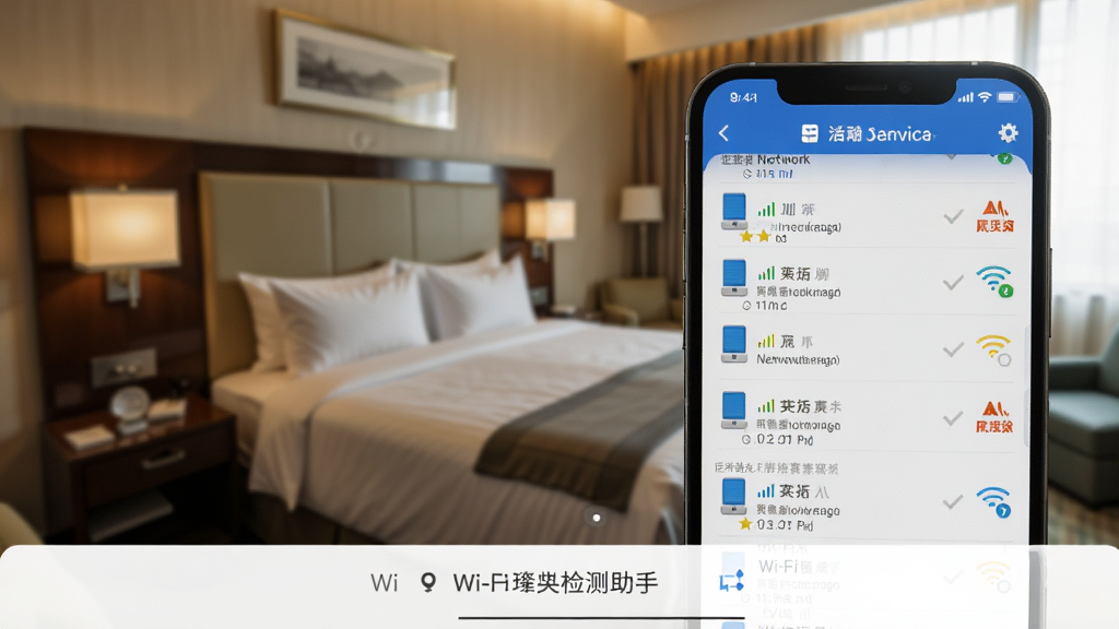一张展示针孔摄像头检测助手进行Wi-Fi扫描过程的截图,画面中有一个手机屏幕,屏幕上显示网络设备列表,每个设备旁边有信号强度图标和风险等级标识,背景是模糊的酒店房间环境,暗示在陌生环境中使用软件进行安全检测,整体风格真实自然,画质清晰。