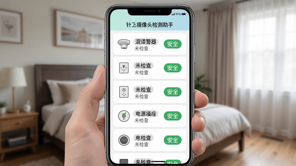 一张展示针孔摄像头检测助手排查指南界面的截图,手机屏幕显示卧室场景的排查清单,列有烟雾报警器、电源插座等物品,每个物品后面有“未检查”或“安全”的标签,界面配有小图标,整体风格清新,信息直观,画质清晰。
