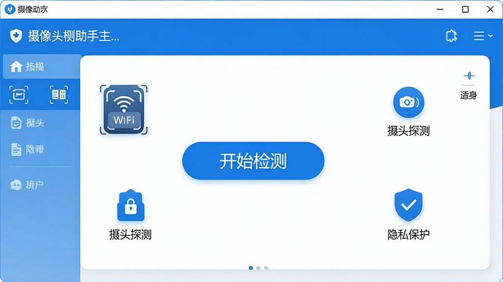 一张展示针孔摄像头检测助手软件主界面的高清截图,界面风格简洁现代,以蓝白为主色调,中央有一个醒目的“开始检测”按钮,周围环绕着Wi-Fi扫描、摄像头探测、隐私保护等图标,整体布局清晰明了,突出安全防护的主题,画质清晰,干净无多余元素。