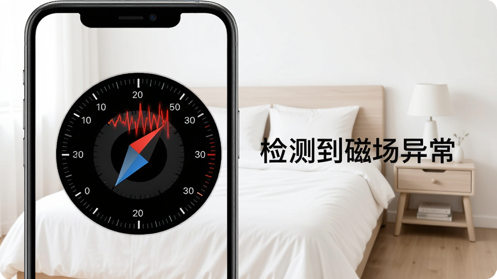 一张展示针孔摄像头检测助手磁铁感应功能的界面截图,手机屏幕上显示一个实时变化的指南针样式仪表盘,数值在波动,旁边有文字提示“检测到磁场异常”,背景是明亮的室内环境,有一张床和床头柜,整体画面干净清晰,突出功能实用性。