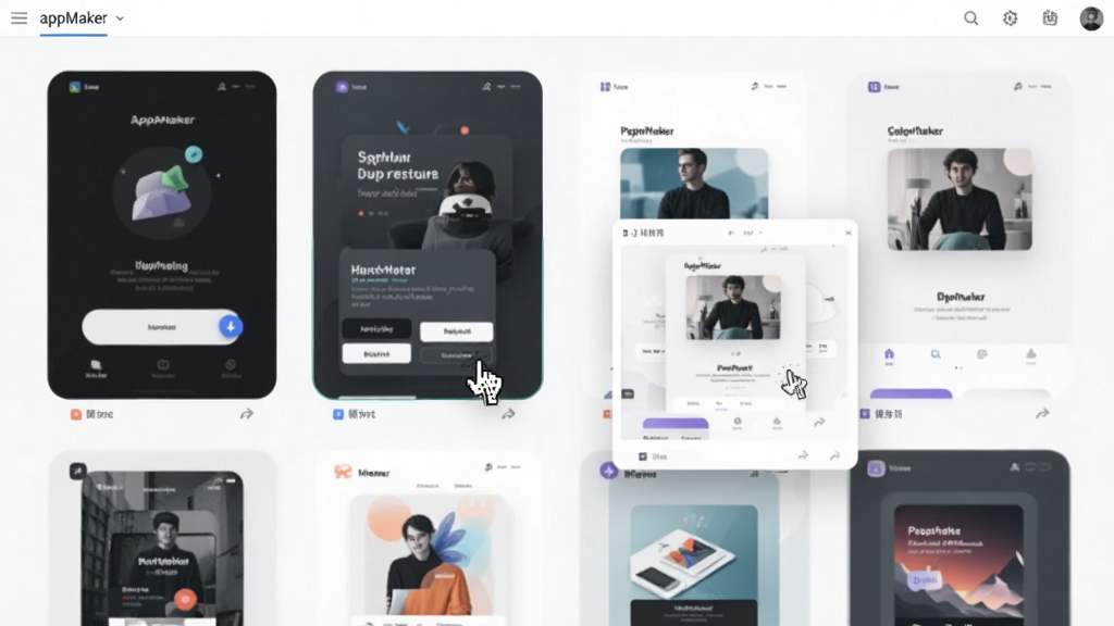 appMaker������ģ��ѡ�����Ľ�ͼ����Ļ��������ʽչʾ���ַ���Ӧ��ģ������ͼ������ɫ��ǳɫ���⣬�û������ͣ��һ��ģ���ϣ��Աߵ���Ԥ�����ڣ�������룬ɫ�ʺ�г�������������޶���Ԫ��