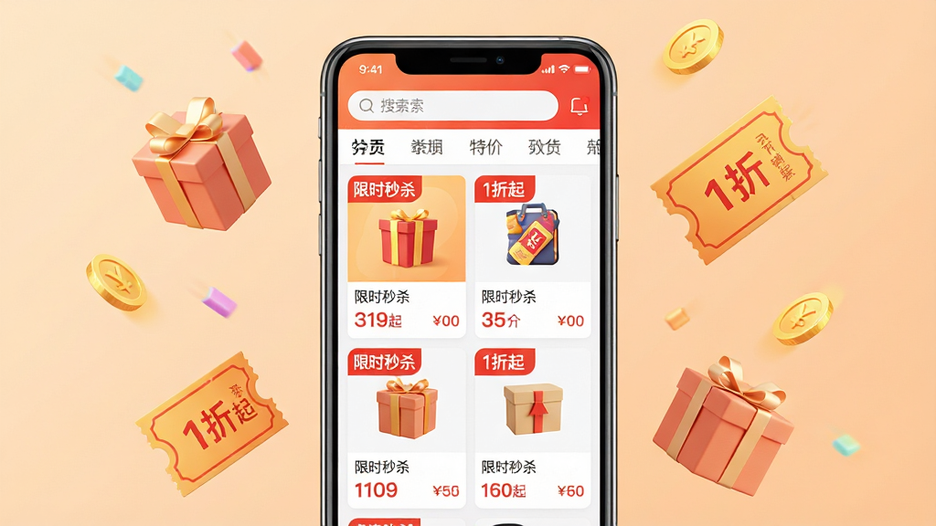 ���壺һ����Ϊ���Թ����ؼ��̳ǡ����ֻ�����Ӧ�ý��棬�ֻ���Ļ��ʾ�ؼ���Ʒ�ٲ�����������Ŀ�ġ���ʱ��ɱ������1���𡱵Ⱥ�ɫ��ǩ�����֣��ֻ�λ�ڻ������룬����Ϊ��͵�ǳ��ɫ���䣬��ΧƯ������С��Ż�ȯ����ҵȵ���Ԫ�ء��Ű棺�ֻ���Ļ����Ʒ��Ƭ�������У��Ϸ����������ͷ��ർ�������дʵ��廭��ϣ�ɫ��������졣ϸ�ڣ���ƷͼƬ�������۸��ǩ��Ŀ������ɾ��޶������֡����ʣ�������Ⱦ��ϸ�ڷḻ�����廭��ɾ��޶���Ԫ�ء�