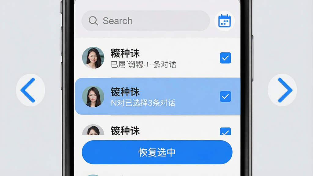 ���壺ѡ���Իָ��������棬�ֻ���Ļ�Ŵ�չʾ�����¼�б������ж���Ի��д��и�ѡ�򣬵ײ��С��ָ�ѡ�С���ť�����֣��ֻ���Ļռ�ݻ������ģ���Ļ�Ϸ��������������ͼ�꣬���������м�ͷָʾ����������Ű棺�б�ʽ���֣�ÿ����Ŀ��ʾͷ���ǳƺ����һ����ϢժҪ����񣺼�Լ�ִ���ǳ��ɫ����������ɫ��ѡ��ϸ�ڣ���Ļ��һ����¼������ʾ����ʾ����ѡ��3���Ի��������ʣ�����ϸ�壬�޶���Ԫ�ء�