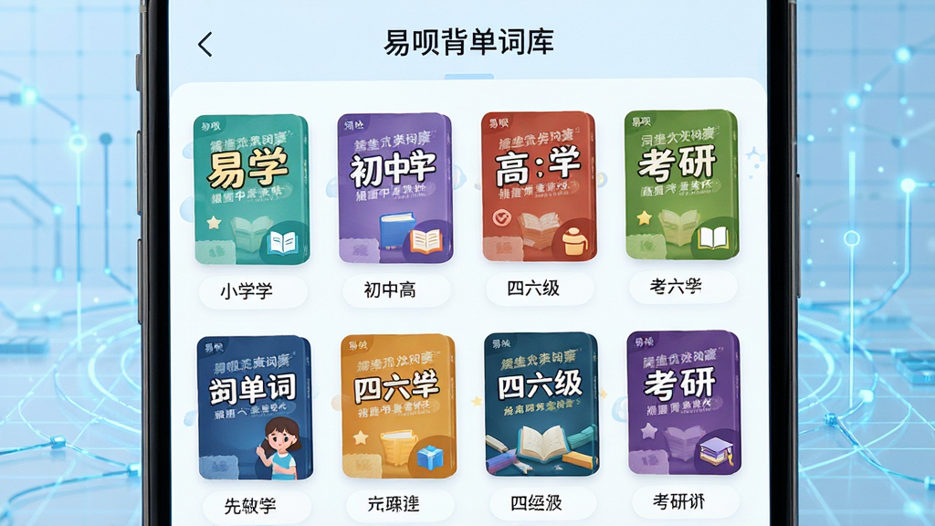 ��������Ϊ���±����ʴʿ�ѡ��ҳ�棬��Ļ���г��౾�����������ͼ������Сѧ�����С����С������������еȣ�����Ϊ����ɫ�Ƽ������񣻲��ֲ�������״���У�ͼ�����룻�Ű������»��ã�ÿ�������Բ�ͬ��ɫ���֣�����Сͼ�ꣻ���ʸ��壬ϸ�ڷḻ���޶���Ԫ��