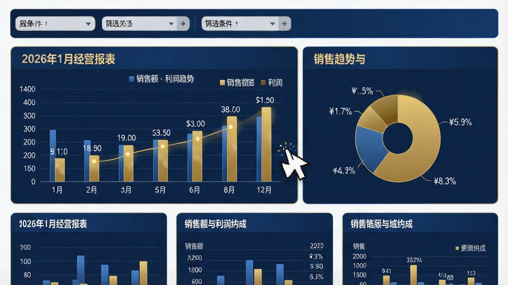 ���壺�ٻݾ�Ӫ����ϵͳͨ�ð�Ĳ��񱨱����棬��ʾ��״ͼ���ͼ��չʾ���۶������󹹳ɡ����֣��Ϸ�Ϊɸѡ���������·�Ϊ���������Ƭ���Ű棺ͼ�����������ݱ�ǩ��ʾ������ֵ���������������������ɫ���䡣ϸ�ڣ���������Ϊ��2026��1�¾�Ӫ�����������ָ����������ͼ�����ʣ����塢�ɾ����޶���Ԫ�ء�