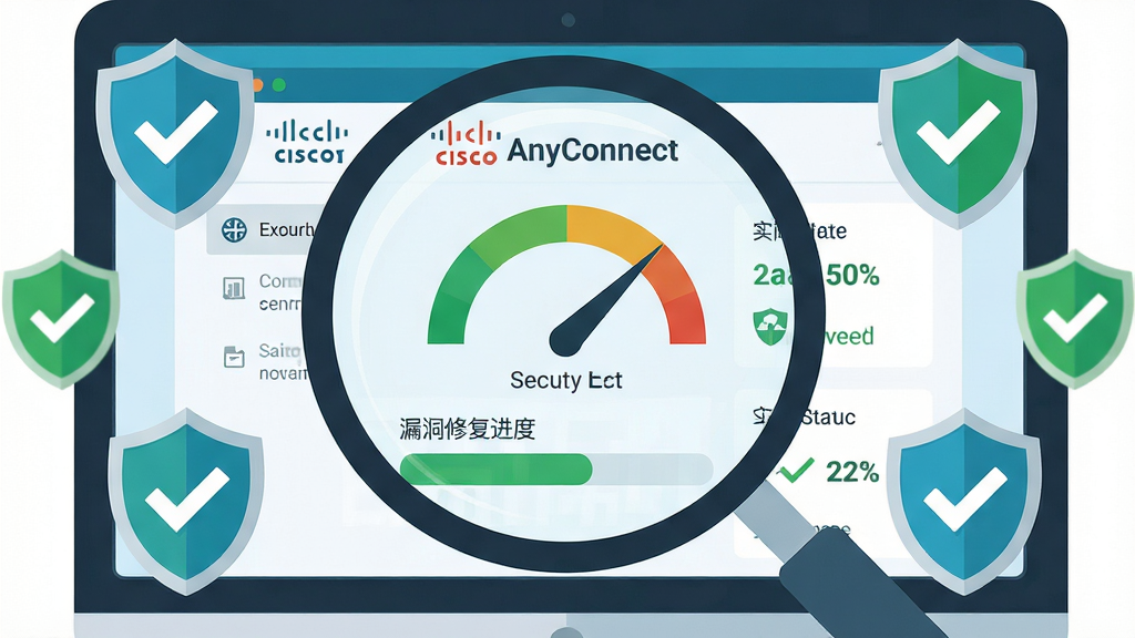����Ϊ�Ŵ�ɨ�������Ļ����Ļ����ʾ��Cisco AnyConnect���İ�ȫ�����Ǳ��̣�����Ϊ���Ĺ�ͼ�����ܻ��Ʒ���������ɫ�Թ�ͼ�꣬�Ű�����������ƽ����Ϣ��ȫ���⣬ϸ�ڰ���©���޸���������ʵʱ����״̬�����ʸɾ��������޶���Ԫ��