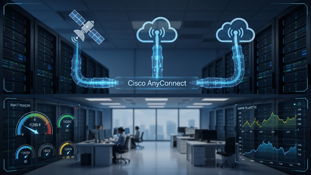 ����Ϊ�������ķ��������ƶ��豸֮�������ŷ���ġ�Cisco AnyConnect�����ݹܵ�������Ϊ���·ֲ㣬�Ϸ�Ϊ�������ƶ�ͼ�꣬�·�Ϊ����칫�������Ű�Գƣ����δ����HUD���棬ϸ�ڰ��������Ǳ���ʵʱ�������ߣ���������ͨ͸���޶���Ԫ��