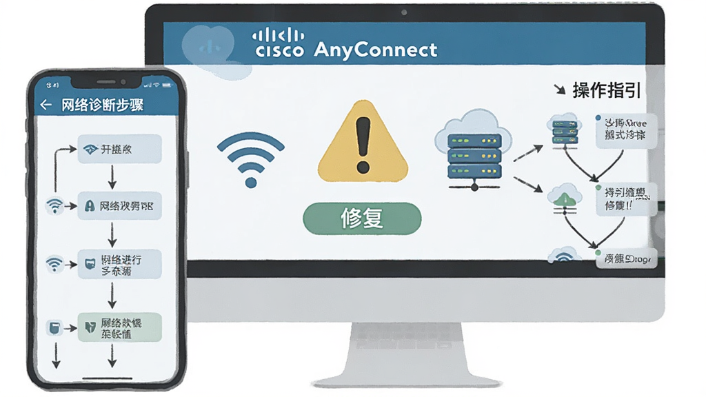 ����Ϊ�����ֻ�����Բ���չʾ��Cisco AnyConnect�������Ų���棬������ʾ��ɫ��̾�����޸���ť������Ϊ�ֲ�����ͼ�����Ϊ������ϲ��裬�Ҳ�Ϊ����ָ�����Ű����������廭����Ϣͼ��ϸ�ڰ���Wi-Fiͼ�����Ʒ����������ʸɾ���ͣ��޶���Ԫ��