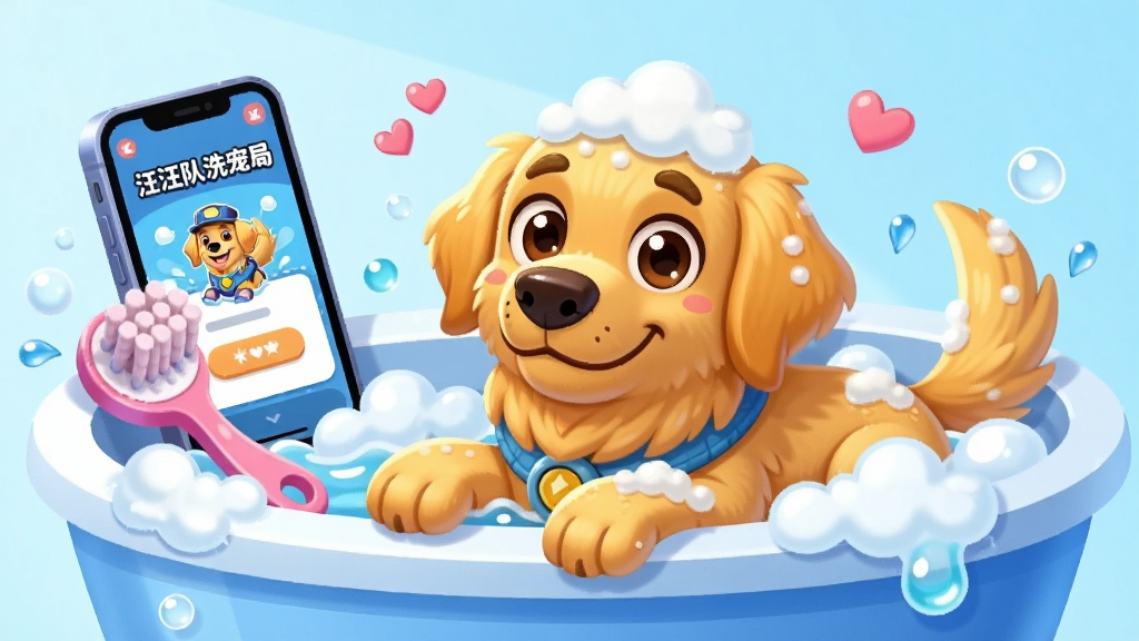 ����Ϊһֻ��ͨ���Ľ�ëȮ�����ʵ�ſ����ɫԡ���У���Χ�����Ű�ɫ��ĭ�ͷ�ɫ��ϴ��ˢ���Ա���һ���ֻ���Ļ��ʾ��������ϴ��֡���ԤԼ���棬������ˬ��������У�������ǳ��ɫ���䣬����ɫ��������ͣ���ͨ�廭���ϸ�ڰ���ˮ�κͰ��ĵ�׺�����������ɾ����޶���Ԫ��