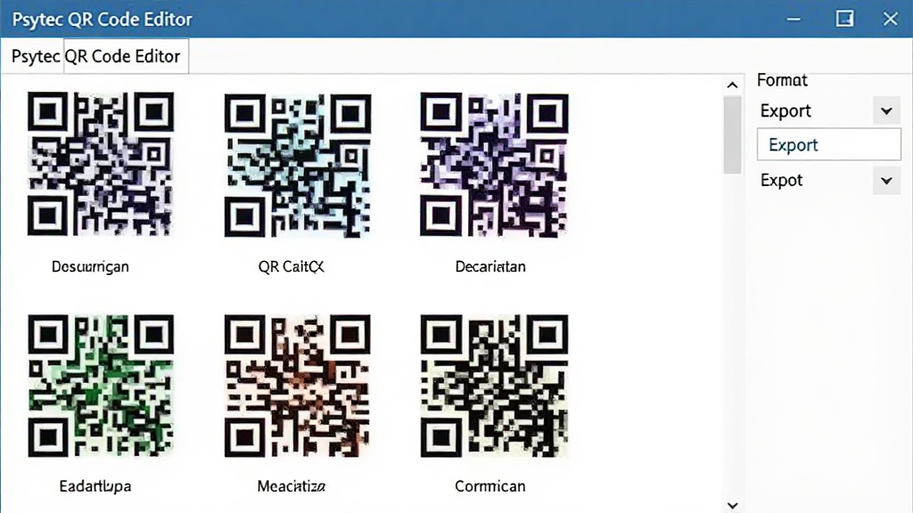 һ��չʾPsytec QR Code Editor������������Ľ�ͼ��������һ�������������Ŷ����ͬ��ɫ�Ķ�ά��ͼƬ��ÿ����ά���·����ļ�����ǩ���Ҳ��е�����ʽѡ�������÷������֣�����Ϊ��ɫ�������ʵ�ã������������޶���Ԫ��