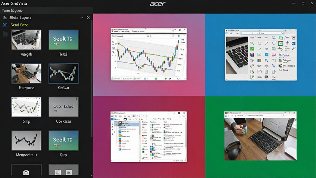 һ��Acer GridVista�������н���Ľ�ͼ�������ʾ��������ѡ��˵����Ҳ���Ļ���ָ���ĸ���ͬ��ɫ������ÿ��������ʾ��ͬ��Ӧ�ó��򴰿ڣ������࣬�������������廭�ʣ��޶���Ԫ��