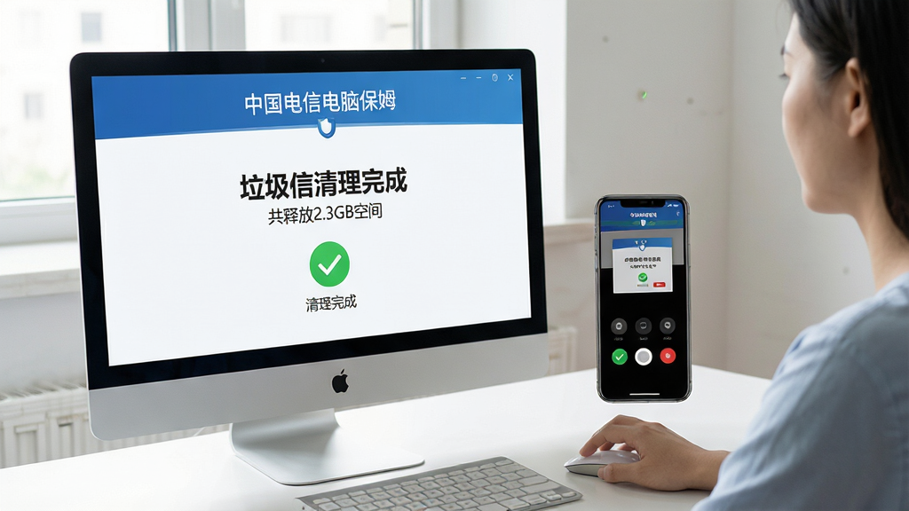 ���壺һλ�û����ڵ���ǰ�������й����ŵ��Ա�ķ���Ľ��棬��Ļ����ʾ������������ɣ����ͷ�2.3GB�ռ䡱���Ա����ֻ���Ļ��ʾԶ�̿��ƽ��档���֣�������Ļ���ֻ����Űڷţ��û��������ڵ����꣬��Ļ���������ɼ����Ű棺������Ļ�Ϸ��С��й����ŵ��Ա�ķ���������·��С�������ɡ�����ɫ�Թ�ͼ�꣬����Ϊ��Լ���������档���дʵ��Ӱ�����Ȼ���ߣ�����ɾ����࣬ϸ����ʵ�����ʸ��塣