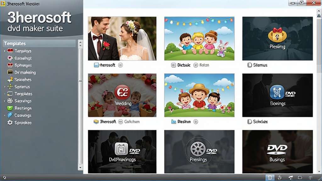 3herosoft dvd maker suite�����˵�ģ��ѡ������ͼ��������������ơ�3herosoft dvd maker suite����ģ������б����Ҳ���������ʽչʾ���ַ��ľ���DVD�˵�����ͼ�������������񡢻��ֶ�ͯ���ͼ�Լ�����񣬲�������ֱ�ۣ��Ű����룬������Ʒ�������죬ϸ��չʾÿ��ģ��Ĳ�ͬ��ɫ��ͼ����ƣ�����������������������ɾ������޶���Ԫ�ء�