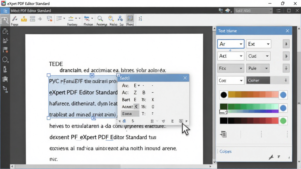 չʾeXPert PDF Editor Standard���ı��༭������д��������һ��PDFҳ���ϵ����ֱ�ѡ�в����ֱ༭���Ա������塢�ֺš���ɫ������������壬�����ָ���޸�λ�ã�����Ϊ�������棬���רҵдʵ������������ͻ���༭����ϸ�ڣ��޶���Ԫ��