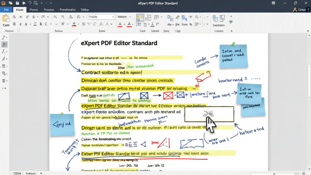 չʾeXPert PDF Editor Standard��ע�����ǹ��ܣ�����Ϊһ��PDF��ͬ�ĵ��ϲ����˻�ɫ��������ɫ�»��ߡ���ɫ��ǩ�͸���ͼ����ע��������϶�����һ�����ο򣬱���Ϊ�������棬�������ֱ�ۣ�����ϸ�壬ͻ��Э�����ĳ������޶���Ԫ��