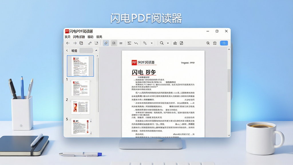 ���壺����PDF�Ķ�����������������������ִ��칫���ϣ���Ļ��������ʾ������PDF�Ķ������������򿪵�PDF�ĵ����ݡ����֣�������У���Χ�м�Լ�İ칫�ľߺ�һ�����ȣ�����Ϊ��͵Ľ�����ɫ���Ű棺��������չʾ���˵���������ͼ������������Ķ������Ű���������񣺱�ƽ����ƽ����΢�����ʸУ�ɫ�����졣ϸ�ڣ����ڱ�Ե�������Ӱ���ĵ����������ɶ�������ͼ�꾫�¡����ʣ��߷ֱ�����Ⱦ������ɾ����޶���Ԫ�ء�