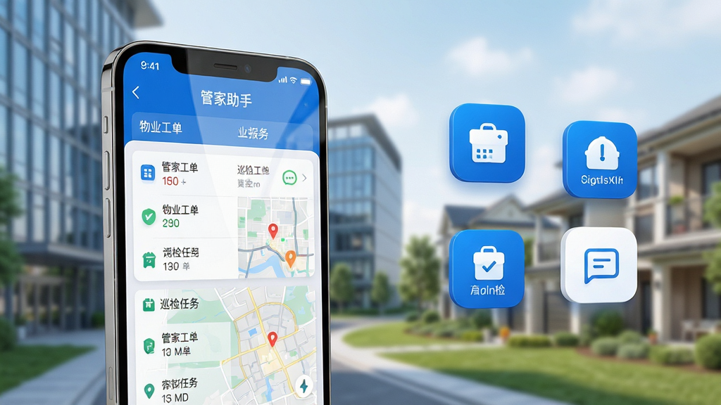 ���壺�ܼ�����App�������ֻ������еĽ��棬��Ļ��ʾ��ҵ�����б���Ѳ�������ͼ������Ϊ�ִ�д��¥��С�����������֣��ֻ�����ƫ���Ҳ����ײ����������Ĺ���ͼ�꣨�籨�ޡ�Ѳ�졢��Ϣ�����Ű棺�ֻ���Ļ����������ͼ���������룬�Ϸ��С��ܼ����֡������������дʵ��ϿƼ��У�ɫ������ƫ��������ϸ�ڣ��ֻ���Ļ������͹��ߣ��������������������ɶ�����Χ����΢����Ч�������ʣ�������Ⱦ���ɾ��޶���Ԫ�ء�