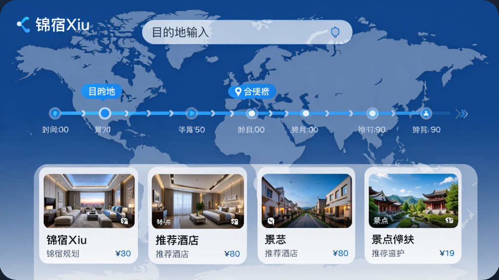 ���壺����Xiu�г̹滮���棬��ʾĿ�ĵء�ʱ���ᡢ�Ƽ��Ƶ�;��㿨Ƭ������Ϊ�����ͼ��Ӱ�����֣�����ΪĿ�ĵ����������в�Ϊʱ���ᣬ�·�Ϊ��Ƭ�Ƽ����Ű棺ʱ������������Ƭ��Ϣ��Ŀ������ִ��Ƽ��У���ɫΪ����ϸ�ڣ���Ļ���С�����Xiu����������Ƭ�����Ƶ�ͼƬ�ͼ۸񣻻��ʣ����壬�ɾ����޶���Ԫ��