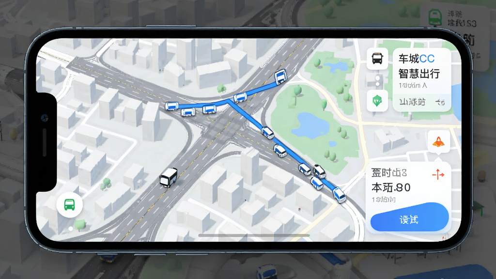 ����CC�����ǻ۳��й��ܽ��棬�ֻ���Ļչʾ����·��ʵʱλ�õ�ͼ��������ɫ·�������ͳ���ͼ�꣬����Ϊ���е�·����ͼ��UI����չʾ��վʱ����Ϣ������ִ���࣬���ʸ��壬�޶���Ԫ�ء�