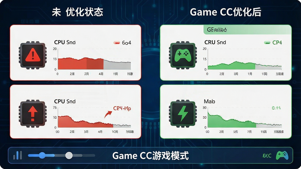 һ�ŶԱȷ�����Ϣͼ�����Ϊδ�Ż�ʱCPU���ڴ�ռ�ýϸߵĺ�ɫ��ʾ״̬���Ҳ�Ϊʹ��Game CC�Ż�����Դռ�������½�����ɫ����״̬���ײ��С�Game CC��Ϸģʽ�������Ŀ�������������Ƽ��ֱ�ۣ����ݿ��ӻ�����������ִ�������Ϊ��ɫ�Ƽ�����ͻ���Ż�Ч������������