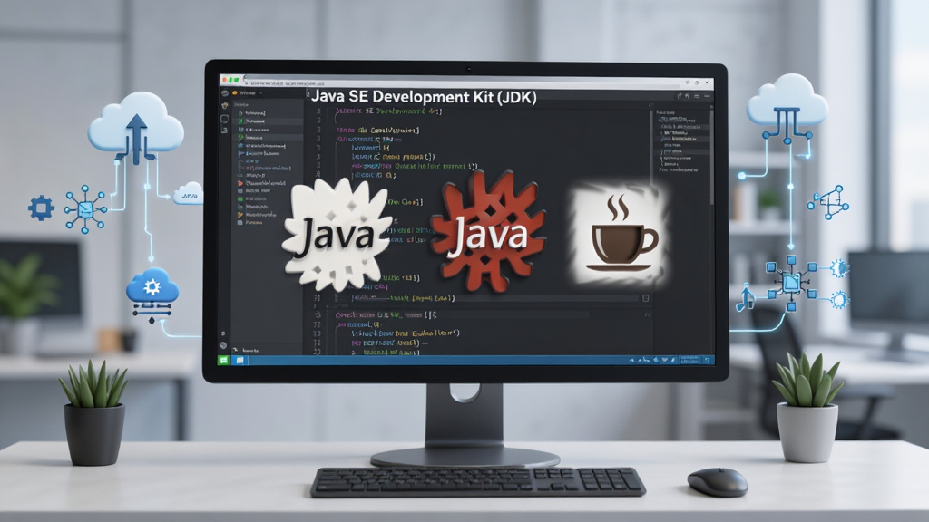 һ���ִ�����̨�ϰڷ����䱸����Ļ�ĵ��ԣ���Ļ��չʾ���ɡ�Java SE Development Kit (JDK)�������ĸ��ӱ�̽��棬������Ư���������ġ�Java��ͼ���뿧�ȱ���ʶ����Χ�������ƶ˲�����������Ľ���ͼ�Σ����廷���������࣬Ӫ��רҵ������Χ���߷ֱ�����Ӱ��񣬻���ɾ�������
