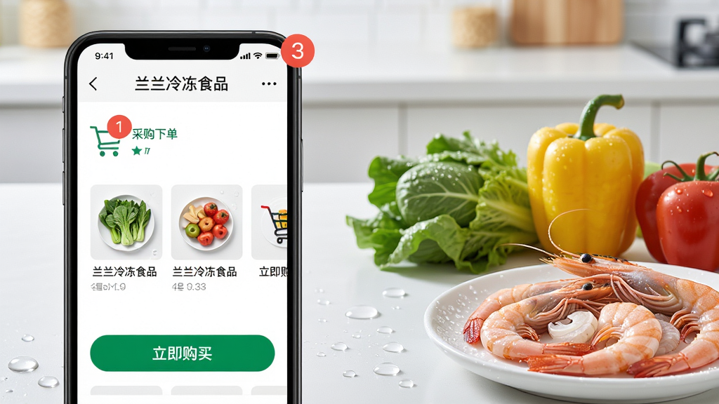���壺�ֻ���Ļ��ʾ�������䶳ʳƷ���Ĳɹ��µ�ҳ�棬�������ﳵͼ�ꡢ��Ʒ����ͼ�͡��������򡱰�ť�����֣��ֻ����ڻ�����࣬�Ҳ��������߲˺��䶳Ϻ�ʵ�ʳ�İ��̣�����Ϊ��Լ��������̨���Ű棺ҳ�沼�����������ﳵ�Ǳ�������Ŀ�����������ҵ��Ӱ�������ͨ͸��ϸ�ڣ�ʳ�ı����������ˮ�飬�ֻ���Ļ���������ɼ������ʣ��߷ֱ��ʣ��ɾ��޶���Ԫ�ء�