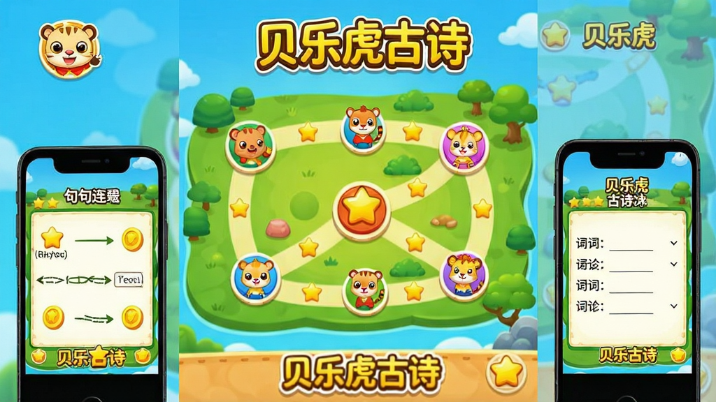 һ�鿨ͨ�����ֻ���Ϸ�����ͼƴ������������ʾ�����ֻ���ʫ���Ĵ��ص�ͼ����ͼ���ж���ؿ��ڵ㡣�Ҳ�Сͼչʾһ��ʫ�������Ϸ�����Сͼչʾһ��ʫ����������Ϸ��������Ϊ��ͯ������ϷUI��ɫ�����޻��ã�����������ϸ�ڰ������Ǻͽ�ҽ���Ԫ�أ�����Բ��ɾ����޶���Ԫ�ء�ͼƬ������֡����ֻ���ʫ��Ʒ�����ơ�