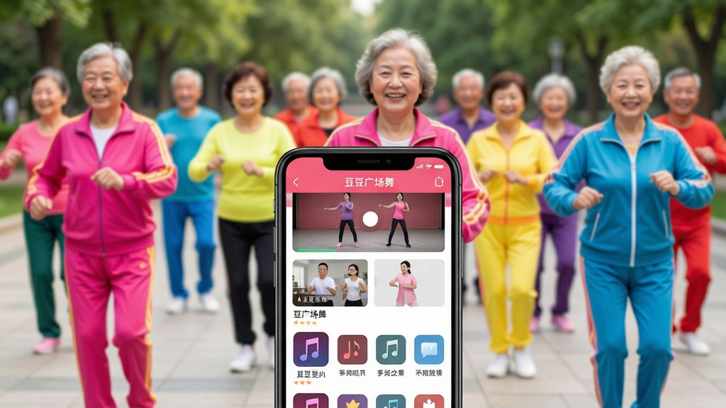 һ����ܰ�����ĳ�����ǰ�����ֻ���Ļչʾ�Ŷ����㳡��APP���棬��Ļ�����������赸��ѧ��Ƶ�б�����������ͼ�꣬�����ǹ�԰��һȺ�����������������Ů�������뻮һ�����Ź㳡�裬�����������޵��˶��������������ſ��ֵ�Ц�ݣ����湹ͼ���ֻ�Ϊ�Ӿ����ģ���Χ�����黯��������дʵ��ɫ�ʱ��������������ɾ����޶�������Ԫ�ء�