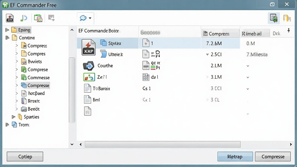 һ��չʾ EF Commander Free ѹ�����������ܵ�ͼƬ�����������������д�һ��ѹ�����ļ����ڲ��ļ��б������ɼ����Ա��н�ѹ��ѹ����ť������Ϊ���Ŀ¼���Ҳ��ļ��б������Ϊ��๤���������棬ϸ�ڰ���ѹ����ͼ�ꡢ�ļ�����ͼ�ꡢ������ť�������������ɾ����޶���Ԫ��