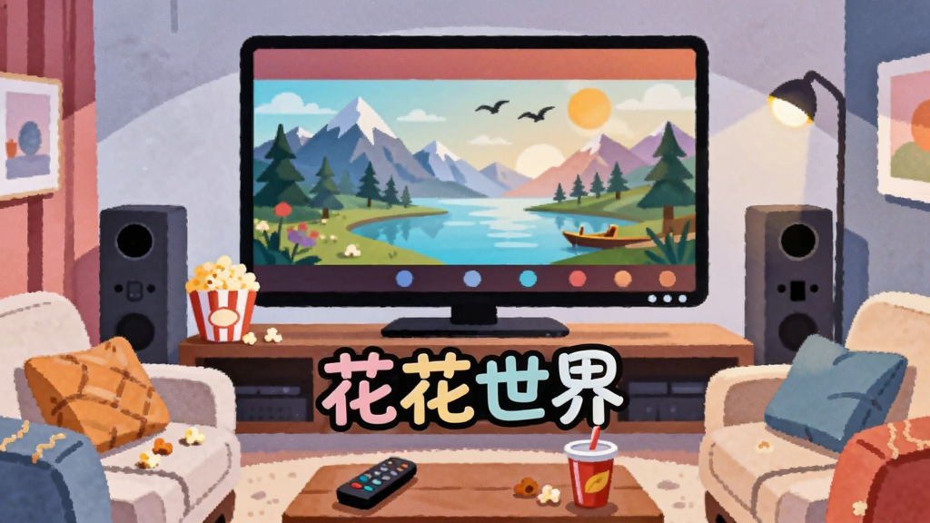 һ��չ�ּ�ͥӰԺ�����Ĳ廭������������һ̨����Ļ���ӻ���ʾ������Ļ�ϲ�����ɫ�ʰ�쵵ĵ�Ӱ���棬��Ļ�·��С��������硱�ĸ��������壬��Χ�����ű��׻������ϱ������ʵ�ɳ�������岼�ֲ��þ��жԳƹ�ͼ�����Ϊ��ܰ�ִ��ı�ƽ���廭��ϸ�ڰ�����Ļ�е�ɽˮ���桢ɳ���ϵĿ����������輸�ϵ�ң���������������������ɾ����࣬�޶���Ԫ��