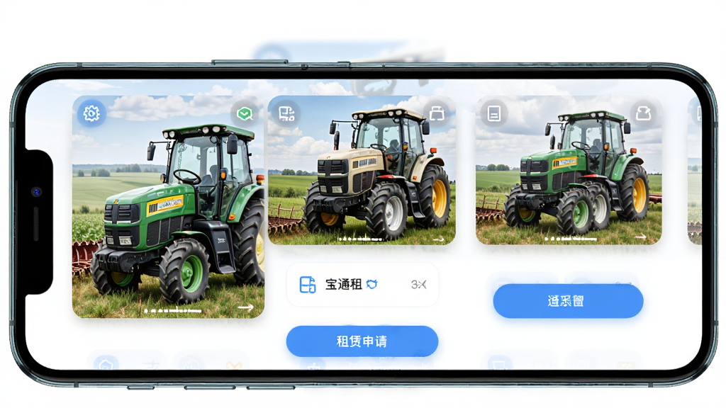 ��ͨ����App����չʾ������Ϊ�����ֻ���Ļ����Ļ����ʾ��ͨ����Ӧ����ҳ������ũ��ͼƬ���������밴ť�����־��У��Ű����������Ϊ�ִ��Ƽ��У�ϸ�ڰ�����ɫ��ɫ�������ͼ�ꡢũ��Ԫ�أ����ʸ��壬�ɾ����޶���Ԫ��