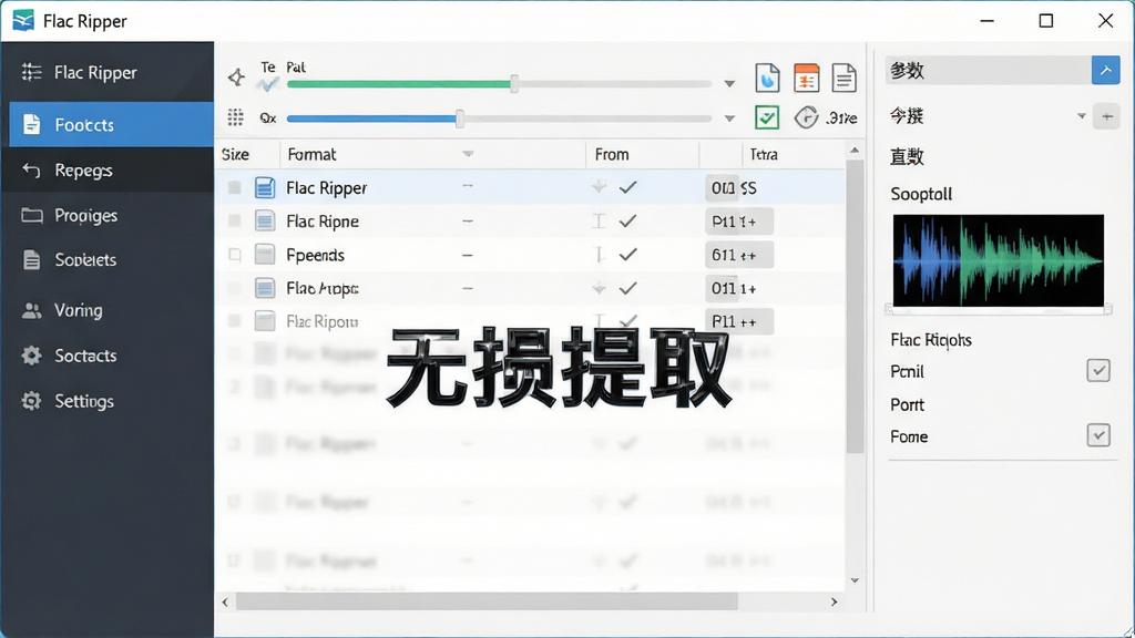 һ�Ÿɾ��������������չʾͼ������ΪFlac Ripper�����ڣ��������Ϊ���ܵ��������м�Ϊ�ļ��б������Ҳ�Ϊ����������壬�Ű���ֱ�ۣ����Ϊ�ִ���ƽ���Ƽ��磬ϸ�ڰ�������������ʽͼ�ꡢ����Ԥ��Сͼ������������������Ļ������ʾ��Flac Ripper���롰������ȡ��������ɾ��޶���Ԫ��