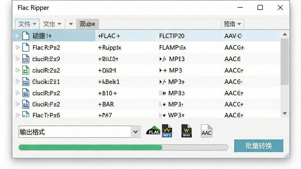 һ��չʾFlac Ripper����ת�����ܵĽ���ͼ������Ϊ�������ڣ������Ϸ�Ϊ�ļ��б���ʾ�����Ƶ�ļ����·�Ϊ�����ʽ�����˵�����������Ű��������򣬷��Ϊ��ˬǳɫϵ��ϸ�ڰ�����ʽͼ��FLAC��MP3��WAV��AAC�Լ�������ת������ť��������������Ļ������ʾ��Flac Ripper��������ɾ��޶���Ԫ��