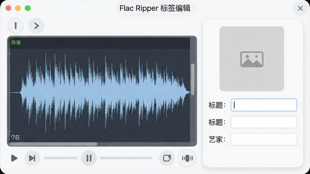 һ��չʾFlac Ripper��Ƶ�༭���ǩ�������ܵĽ���ͼ������Ϊ�����༭��壬�������Ϊ��Ƶ������ʾ���Ҳ�Ϊ��ǩ��Ϣ��д�����Ű����ҷ��������Ϊ���Բ����ƣ�ϸ�ڰ������ſ��ư�ť������ͼƬռλ�򡢱���������������򣬻�����������Ļ������ʾ��Flac Ripper ��ǩ�༭��������ɾ��޶���Ԫ��
