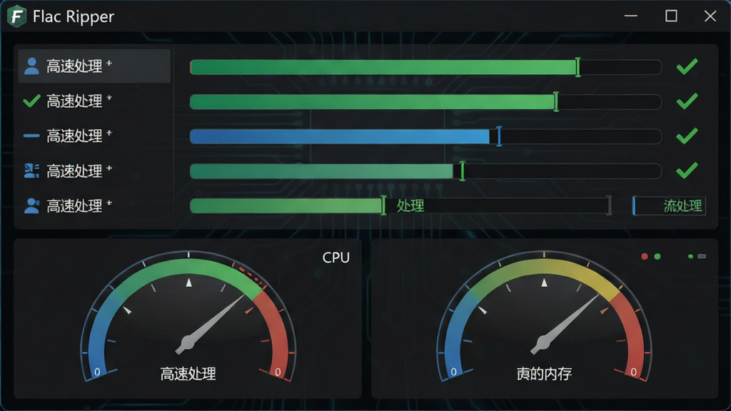 һ��չʾFlac Ripper���������ȵ�����ʾ��ͼ������Ϊ�����������Ƚ��棬�����Ϸ�Ϊ��������н��������·�ΪCPU���ڴ�ռ�����Ǳ��̣��Ű���ֱ�ۣ����Ϊ��ɫ�Ƽ��磬ϸ�ڰ��������ٴ�������������ɫ�Թ�ͼ�꣬������������Ļ������ʾ��Flac Ripper��������ɾ��޶���Ԫ��