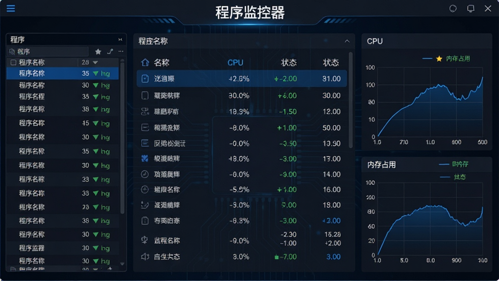 ������������������ȫòչʾ������Ϊʵʱ���̼���Ǳ��̣����Ϊ�����б����Ҳ�ΪCPU���ڴ�ռ������ͼ����������Ƽ��У���ɫ����������ɫ������������Ļ�Ϸ���ʾ�����������������������������Ű����룬���Ϊ�ִ��������棬ϸ�ڰ����������ơ�ռ�ðٷֱȡ�״̬ͼ�꣬���ʸ��壬�ɾ����޶���Ԫ��