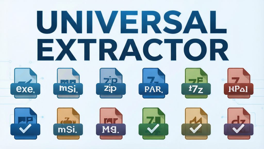 һ����Ϣͼ��������ͼ�������� Universal Extractor ������������������ʽͼ�꣬����Ϊ�Ϸ����ֱ��⡢�·�ͼ���������У��Ű�����Գƣ����Ϊ�Ƽ��������ƽ�磬ϸ�ڰ��� exe��msi��zip��rar��7z �ȸ�ʽ��ǩ���Թ����š�ǳɫ���������ʸ��壬����ɾ����޶���Ԫ��