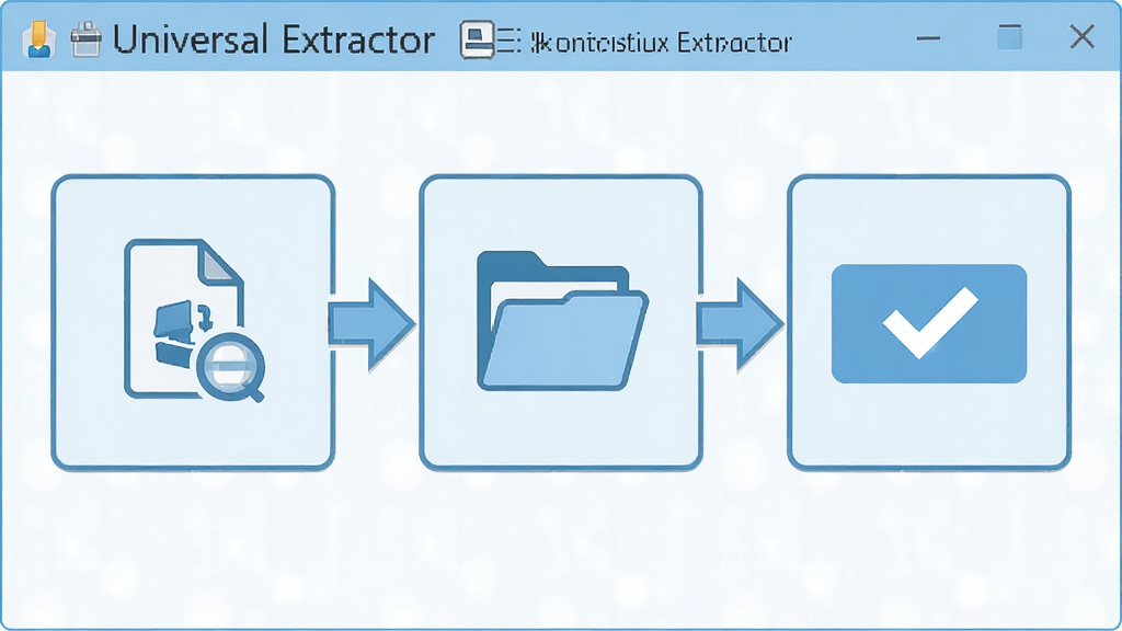 һ�Ž̳̲���ʾ��ͼ�������� Universal Extractor �������������̣�����Ϊ���������������ͷ���ӣ��Ű�Ϊ��������ʽ�����Ϊ��Լ��Ϣͼ�磬ϸ�ڰ���ѡ���ļ�ͼ�ꡢ�ļ���ͼ�ꡢ��ȡ��ť���Թ���ǡ�ǳ����ɫ�����ʸ��壬����ɾ����޶���Ԫ��