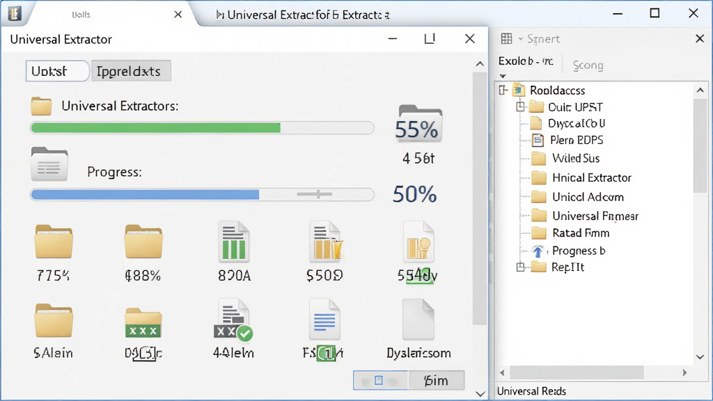 һ��ʹ�ó�����ͼ�������� Universal Extractor ��������ʱ����ȡ���̣�����Ϊ���Ĵ��ڼ��Ҳ��ļ������Ű�Ϊ�����������ṹ�����Ϊ��ˬ�칫�����磬ϸ�ڰ������Ȱٷֱȡ��ļ���ͼ�ꡢ�ļ����ͱ�ʶ��ǳɫ���棬���ʸ��壬����ɾ����޶���Ԫ��