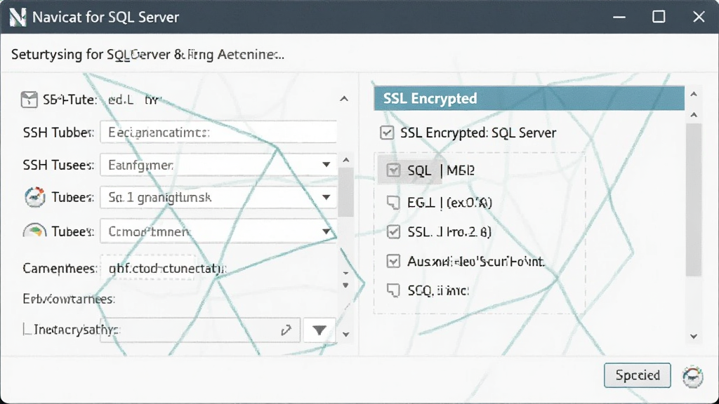 һ��չʾ Navicat for SQL Server ��ȫ�������õ�ͼƬ���������� SSH �������ô����� SSL ����ѡ������࣬��ɫ���ȣ�����������ϸ�ڿɼ������ʸ��壬�ɾ��޶���Ԫ��